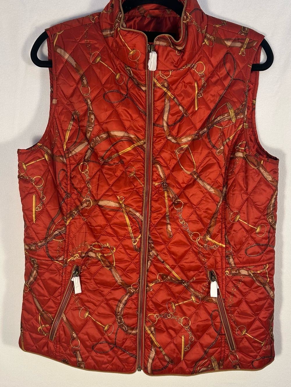 Talbots Red Quilted Equestrian-Print Zip Vest